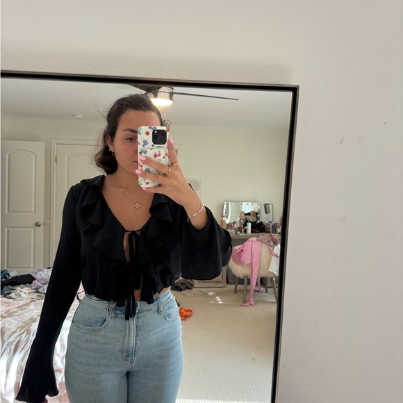 REVOLVE Black Tie-Front Ruffle Blouse - Picture 2 of 3